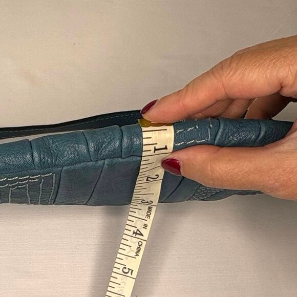 Vintage Y2K Fossil East West Shoulder Bag Blue Denim Stitch Leather Buckle - Picture 9 of 10